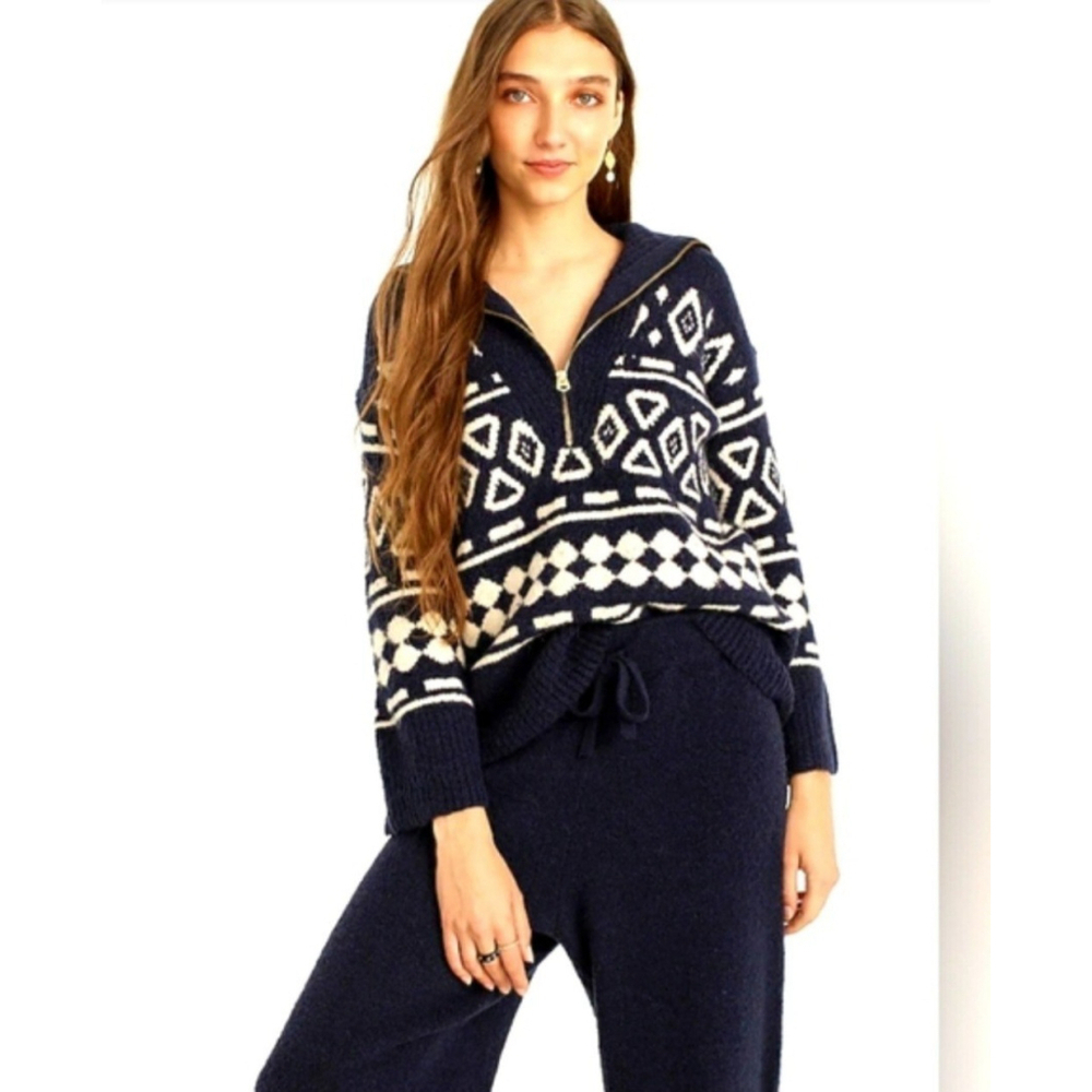 J.Crew Women's L/XL Wool Sweater 1/2 Zip Oversized Navy Geometric Merino Alpaca